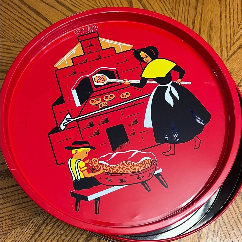 Vintage Pennsylvania Dutch  Red Decorative Tin with Black and Gold Accents